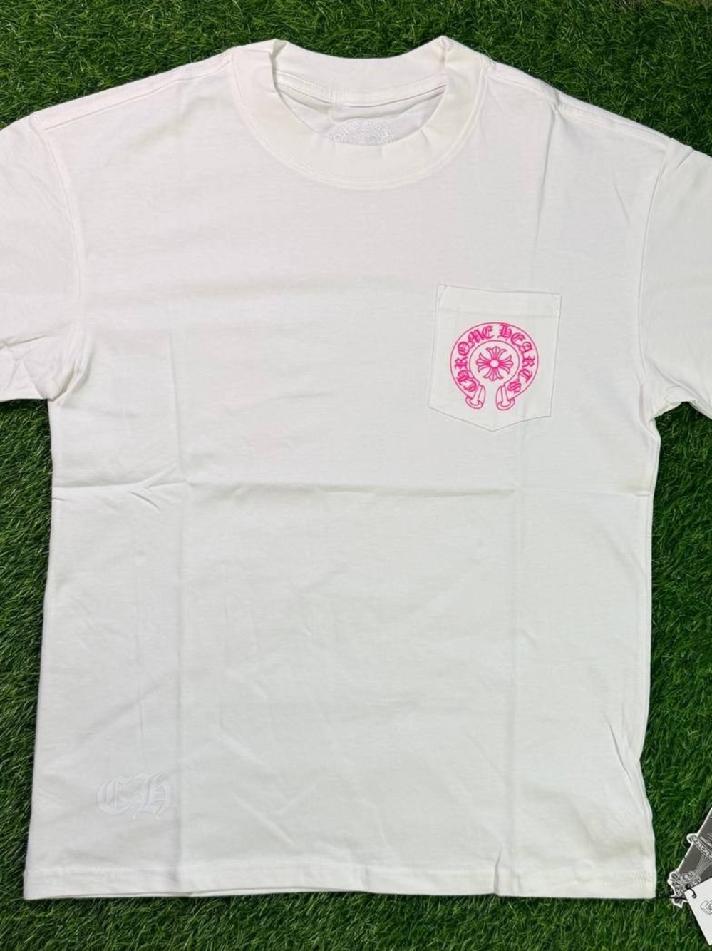 Chrome Hearts White Short Sleeve Tee with Hot Pink Back Graphic - Picture 2 of 2